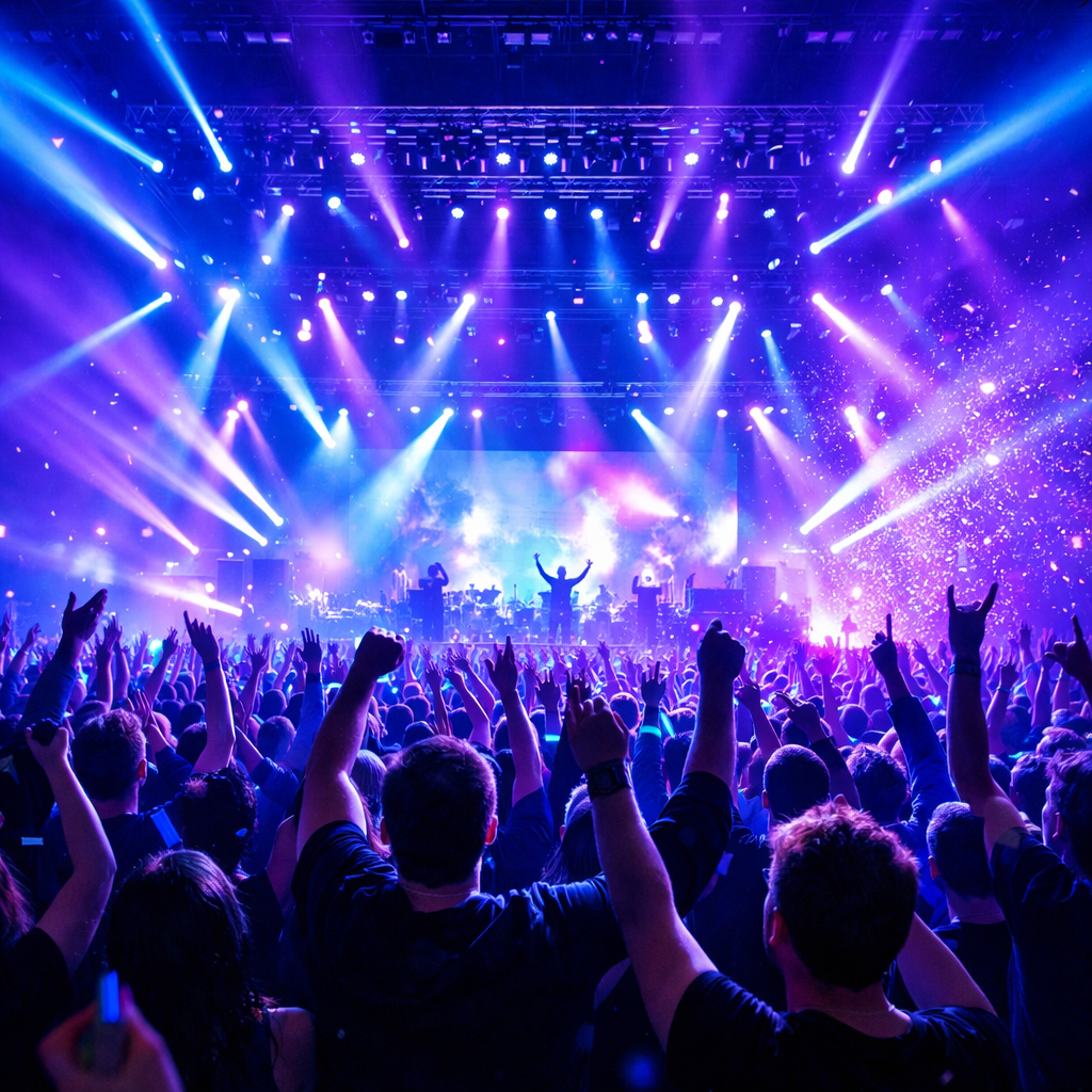 a picture of an exciting concert hall washed with bright blue and purple with fans cheering like crazy