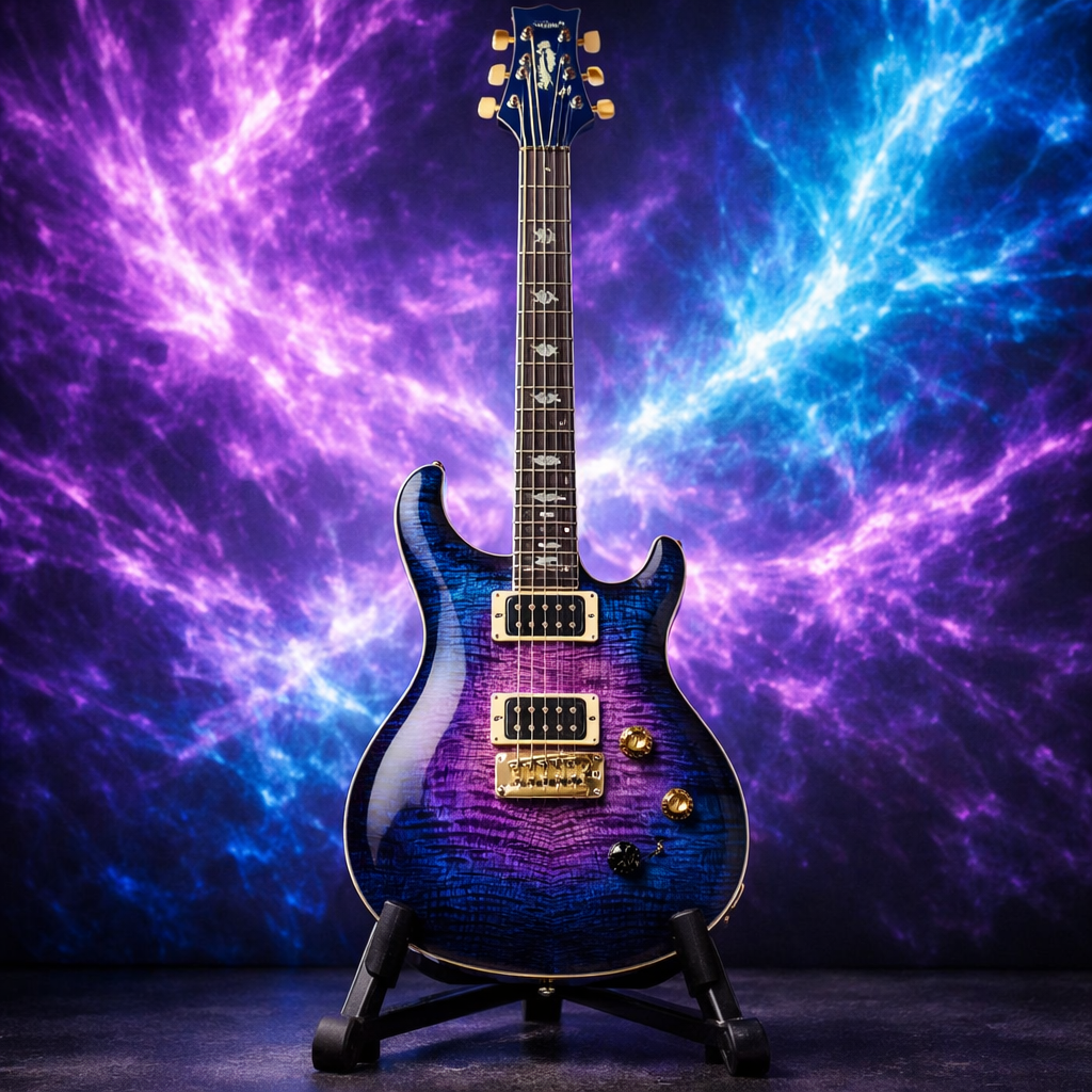 photorealistic picture of a beautiful custom guitar on a stand against a backdrop of purple and bright blue abstract images simial to the image above